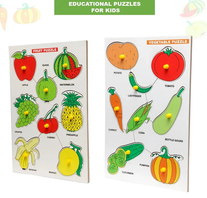 Wooden Peg Fruit and Vegetables Puzzle Combo