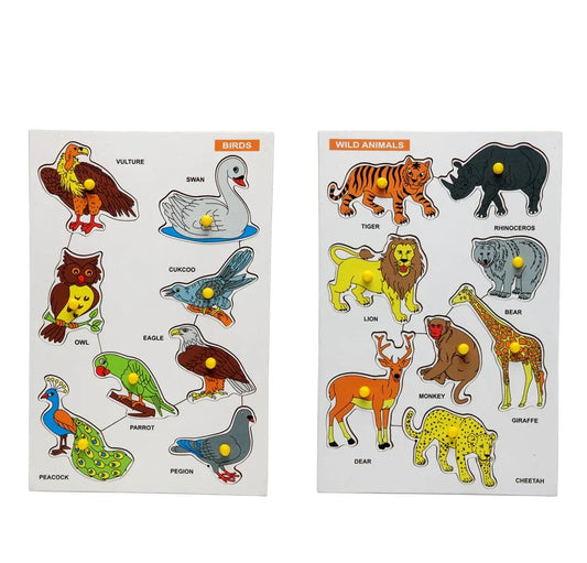 Wooden Peg Animals and Birds Puzzle Combo