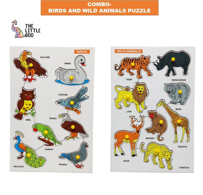 Wooden Peg Animals and Birds Puzzle Combo