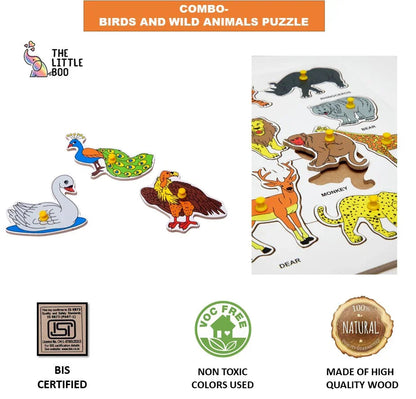 Wooden Peg Animals and Birds Puzzle Combo