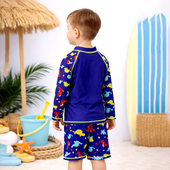 2 Pcs Blue Red Dino, T-shirt & Shorts Set, Toddlers & Kids Swimwear with Free Wash Bag & Free Swim Detergent