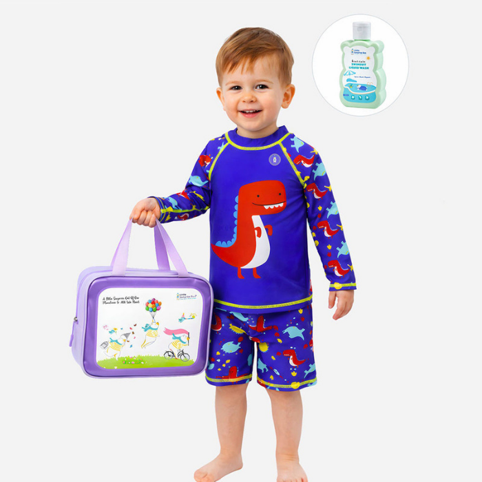 2 Pcs Blue Red Dino, T-shirt & Shorts Set, Toddlers & Kids Swimwear with Free Wash Bag & Free Swim Detergent