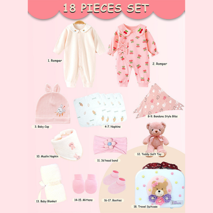 18 pcs Baby Pink Teddy Birthday Gift Hamper set for Baby Girl with travelling Suitcase,