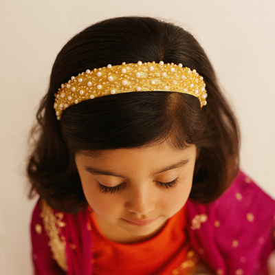 Choko Pearl Embellished Hair Band for Girls with Soft Gold Base for Festive & Party Wear
