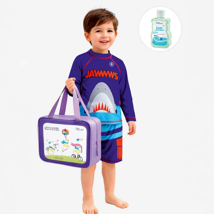 Jawws Shark, 2pcs Tshirt and shorts set, Toddlers & Kids Swimwear with Free Wash Bag & Free Swim Detergent