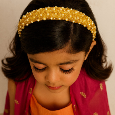 Choko Pearl Embellished Hair Band for Girls with Soft Gold Base for Festive & Party Wear