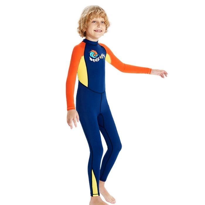 Full Length Dive Navy & Orange Printed Kids Swimwear In Upf 50+ Fabric with Free Washbag