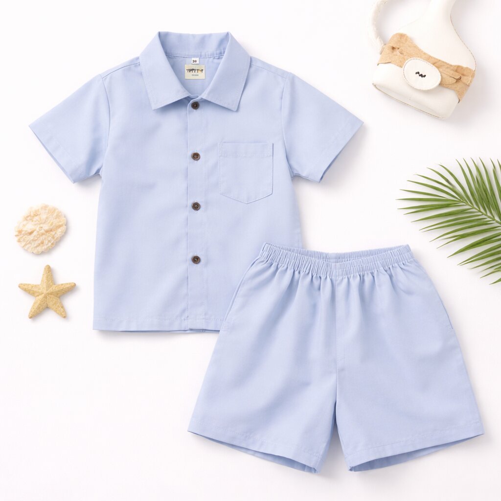 Cotton Co-ord Set with Bicycle Patch | Light Blue Shirt & Shorts Summer Outfit for kids