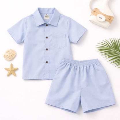 Cotton Co-ord Set with Bicycle Patch | Light Blue Shirt & Shorts Summer Outfit for kids