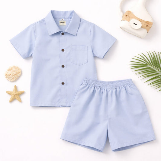 Cotton Co-ord Set with Bicycle Patch | Light Blue Shirt & Shorts Summer Outfit