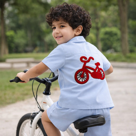 Cotton Co-ord Set with Bicycle Patch | Light Blue Shirt & Shorts Summer Outfit for kids