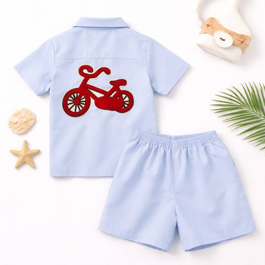 Cotton Co-ord Set with Bicycle Patch | Light Blue Shirt & Shorts Summer Outfit