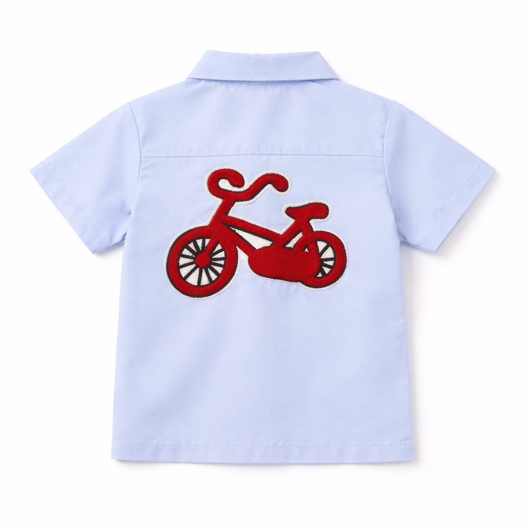 Cotton Co-ord Set with Bicycle Patch | Light Blue Shirt & Shorts Summer Outfit for kids