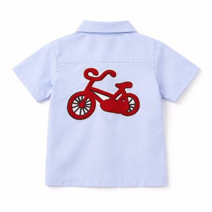 Cotton Co-ord Set with Bicycle Patch | Light Blue Shirt & Shorts Summer Outfit for kids
