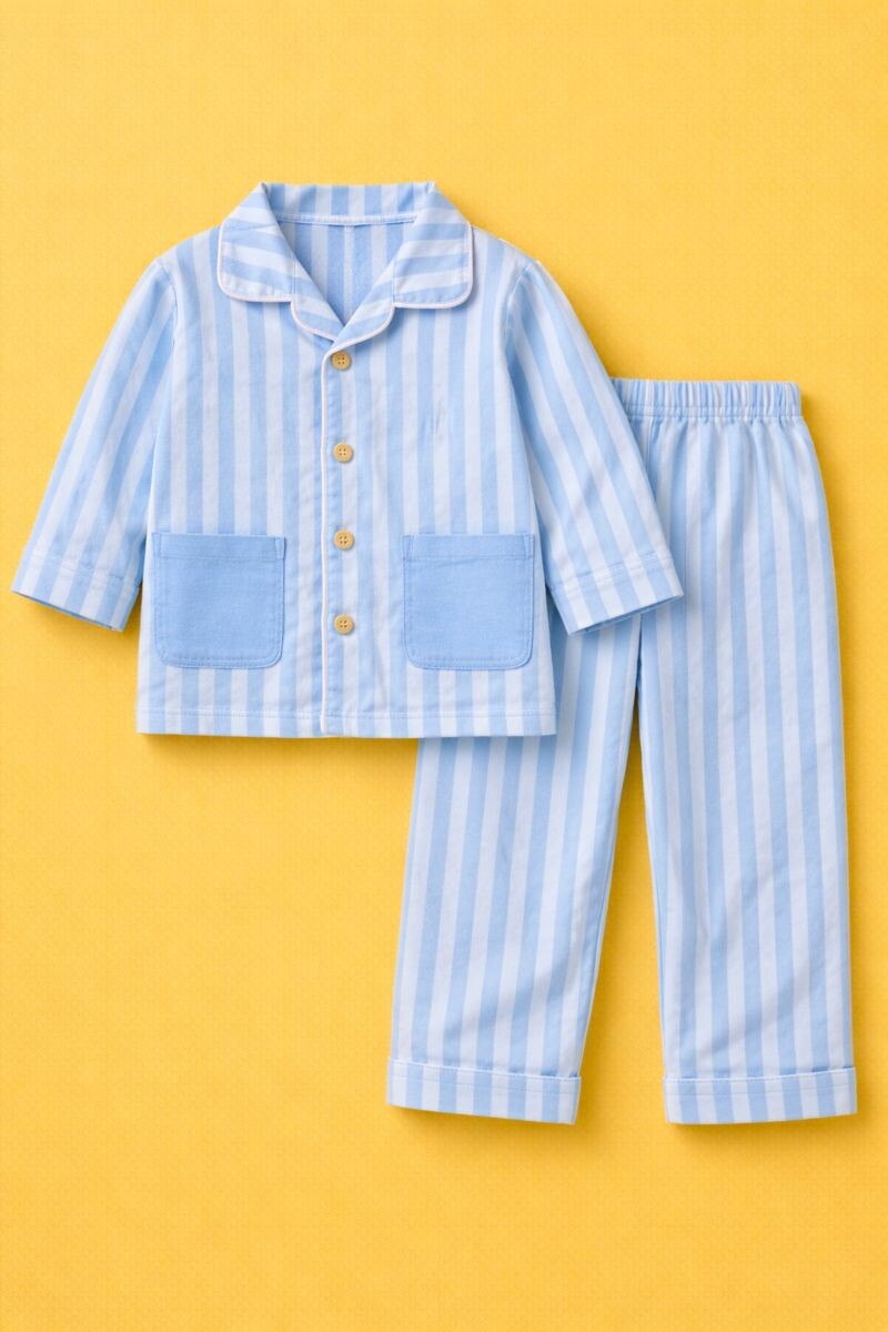 Cotton Striped Night Suit with Front Pockets - Blue