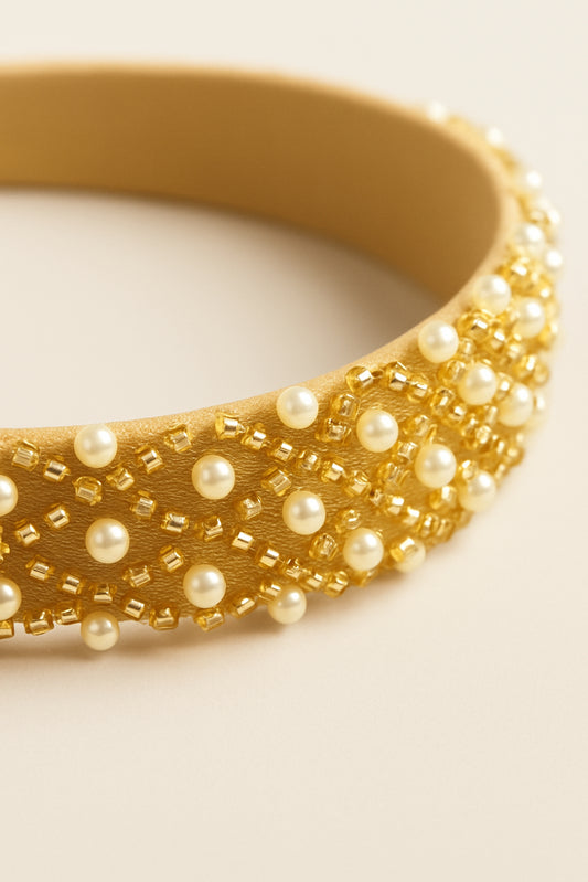 Choko Pearl Embellished Hair Band for Girls with Soft Gold Base for Festive & Party Wear