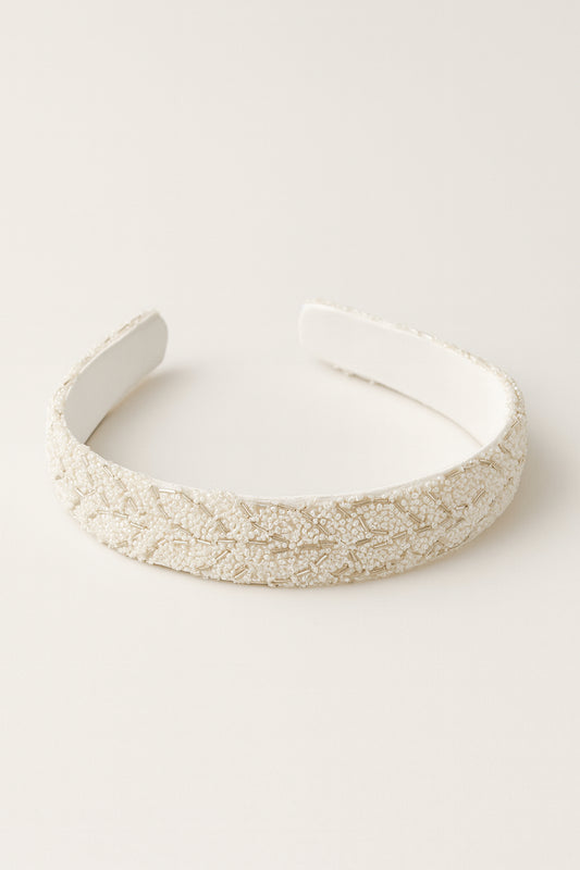 Choko White Beaded Embellished Hair Band for Girls with Soft Padded Base for Party Wear