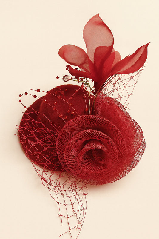 Choko Floral Mesh Rose Hat Alligator Hair Clip in Red for Girls Elegant Party Wear Style