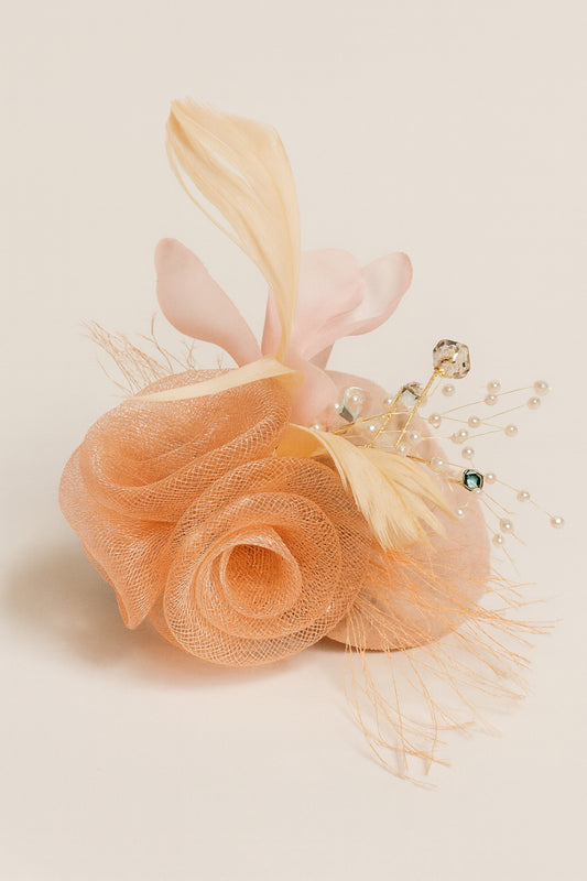 Choko Floral Mesh Rose Hat Alligator Hair Clip in Peach for Girls Elegant Party Wear Style