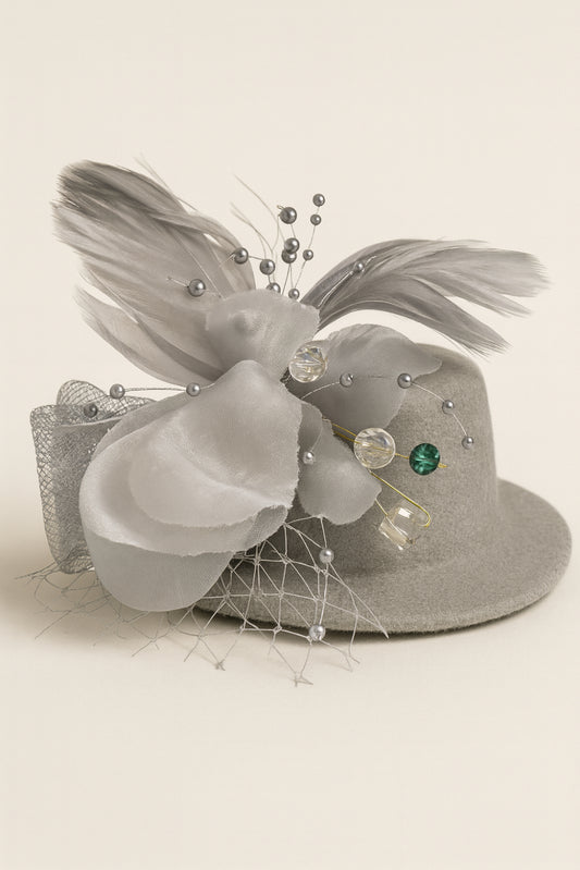 Choko Floral Mesh Rose Hat Alligator Hair Clip in Grey for Girls Elegant Party Wear Style