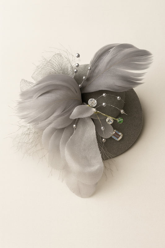 Choko Floral Mesh Rose Hat Alligator Hair Clip in Grey for Girls Elegant Party Wear Style