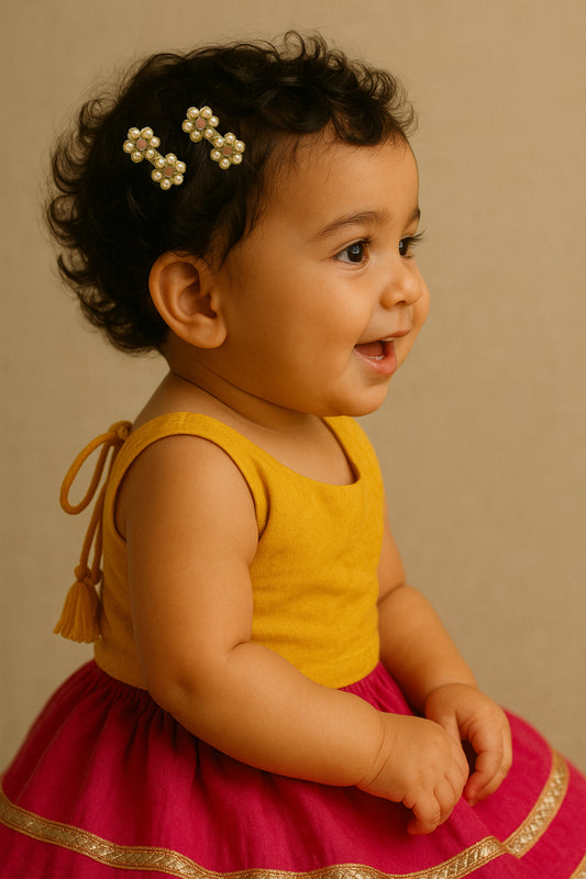 Choko Gold Floral Pearl Hair Clips for Girls with Textured Finish for Festive Styling