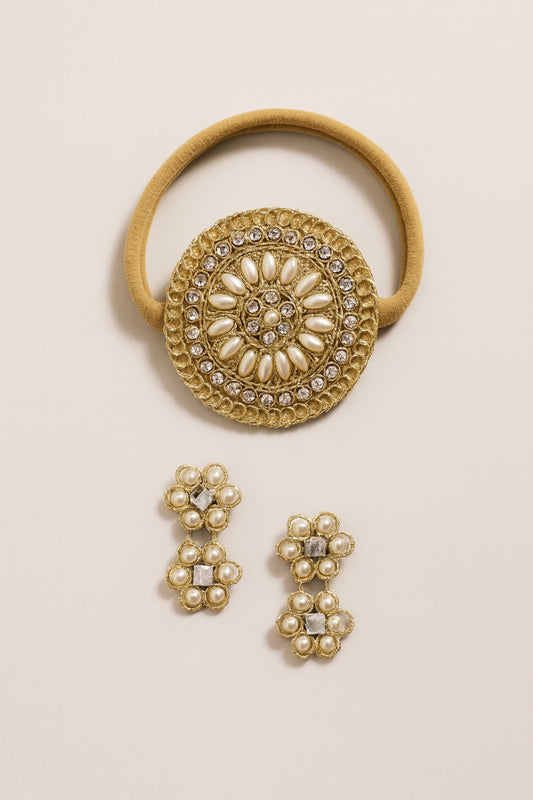 Choko Gold Pearl Medallion Headband with Matching Hair Clips Set for Girls Festive Styling