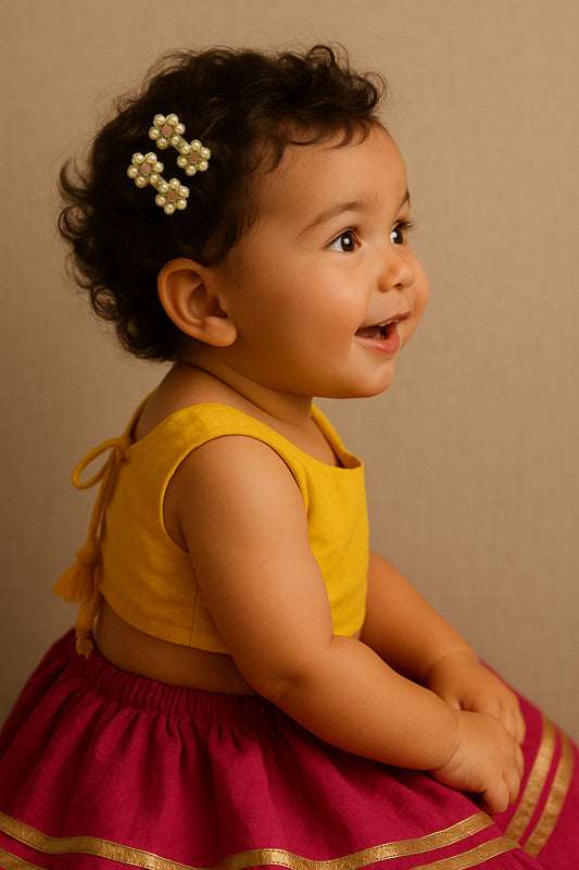 Choko Gold Pearl Medallion Headband with Matching Hair Clips Set for Girls Festive Styling