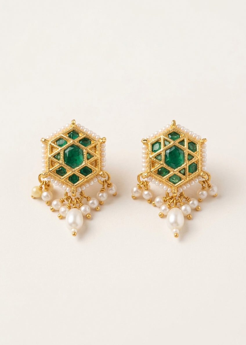 Choko Girls White Geometric Hexagon Pearl Drop Stud Earrings