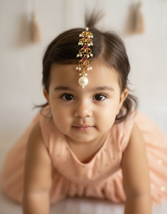 Choko Girls Red Floral Ruby Stone Pearl Drop Maang Tikka
