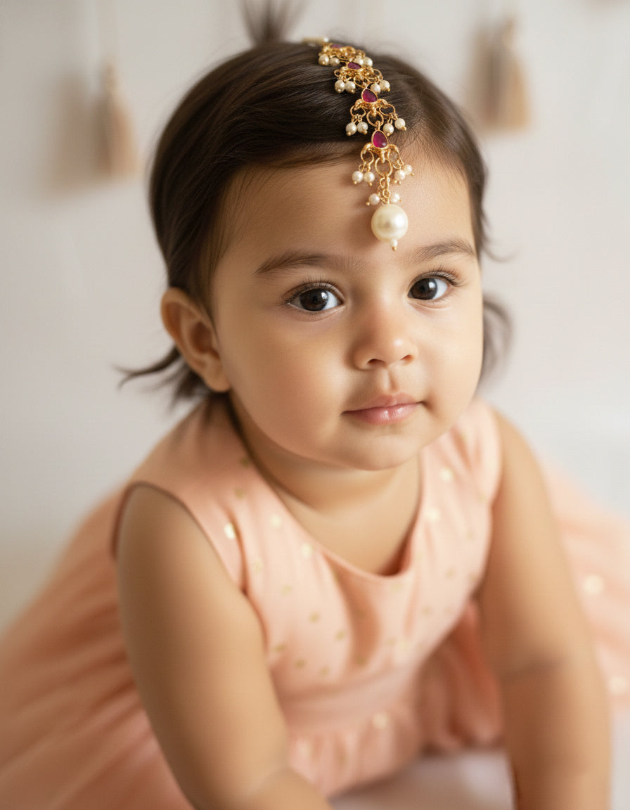 Choko Girls Red Floral Ruby Stone Pearl Drop Maang Tikka