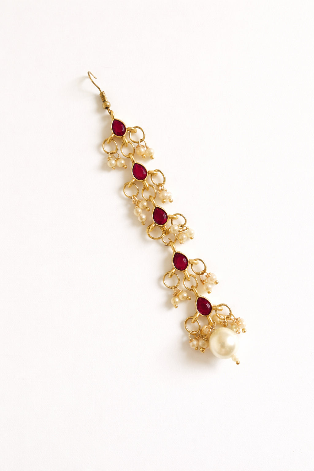 Choko Girls Red Floral Ruby Stone Pearl Drop Maang Tikka