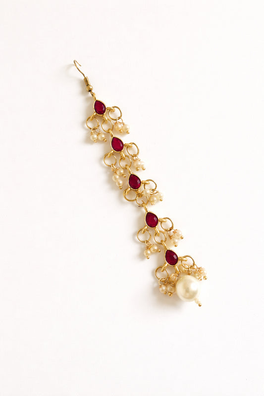 Choko Girls Red Floral Ruby Stone Pearl Drop Maang Tikka