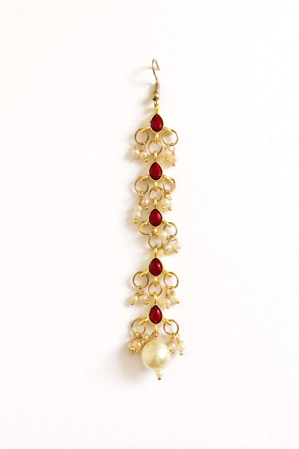 Choko Girls Red Floral Ruby Stone Pearl Drop Maang Tikka