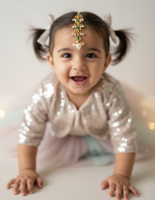 Choko Girls Green Floral Emerald Stone Pearl Drop Maang Tikka