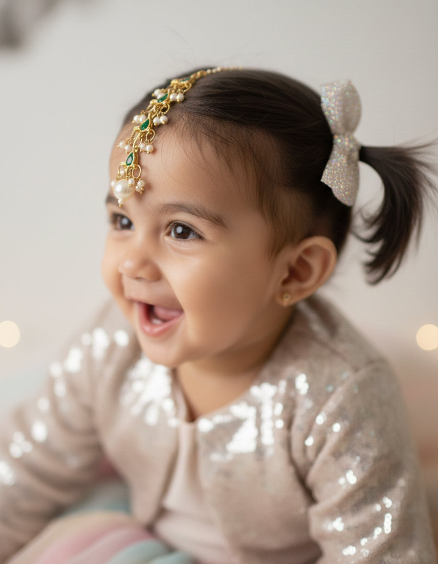 Choko Girls Green Floral Emerald Stone Pearl Drop Maang Tikka