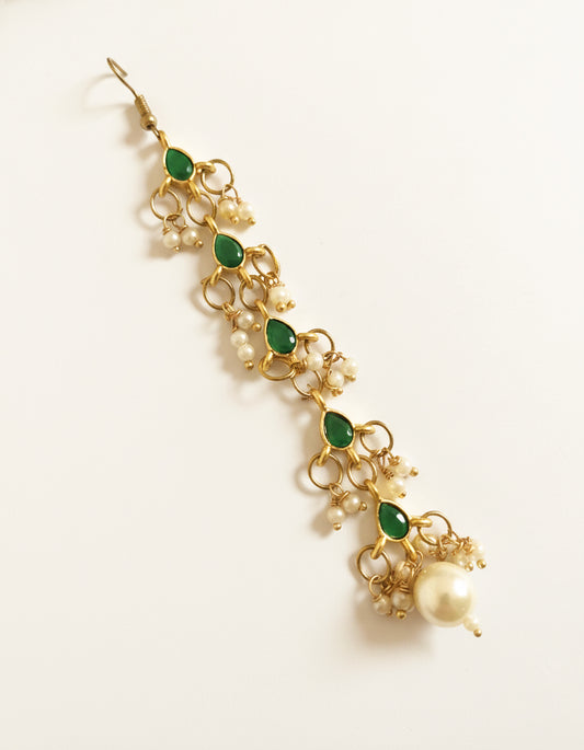 Choko Girls Green Floral Emerald Stone Pearl Drop Maang Tikka