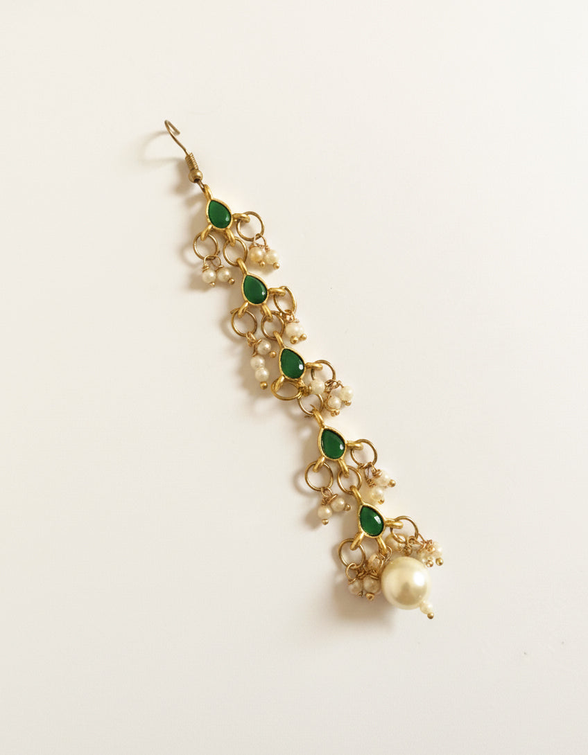Choko Girls Green Floral Emerald Stone Pearl Drop Maang Tikka