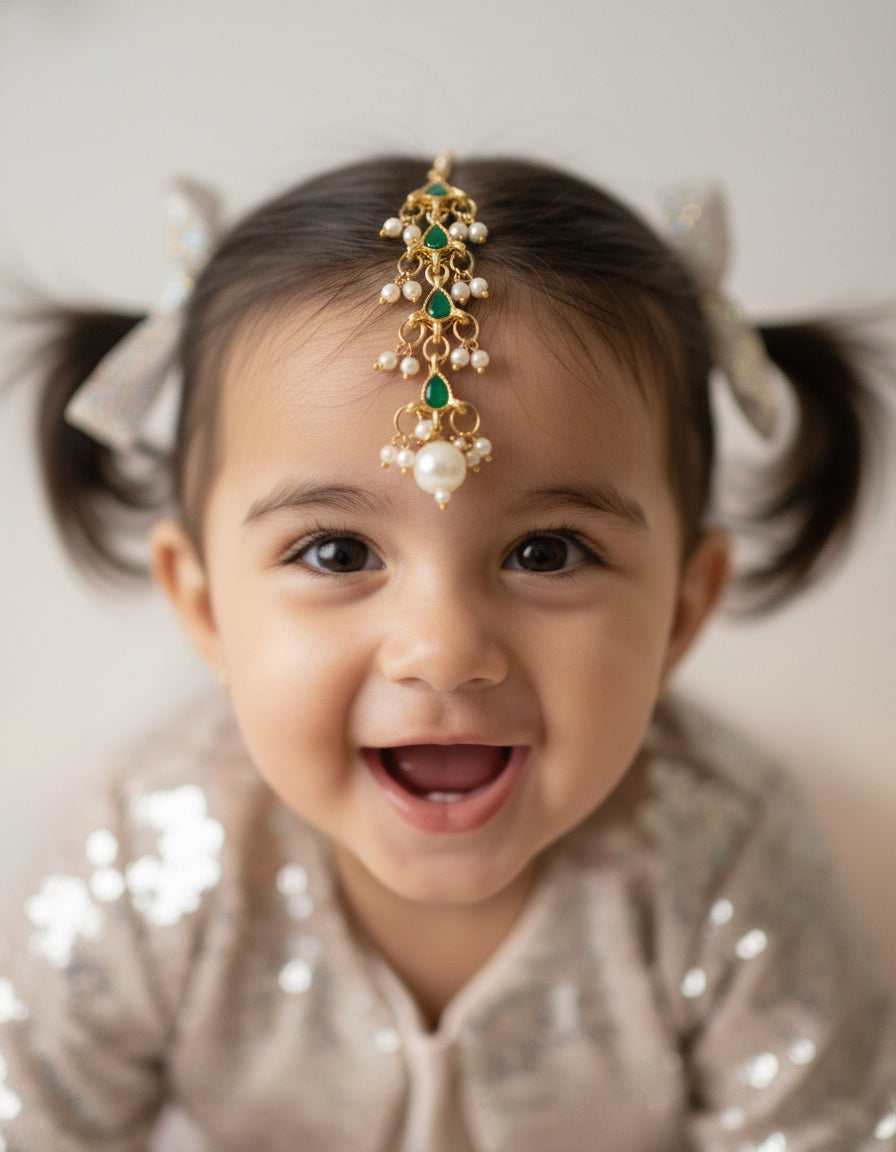 Choko Girls Green Floral Emerald Stone Pearl Drop Maang Tikka