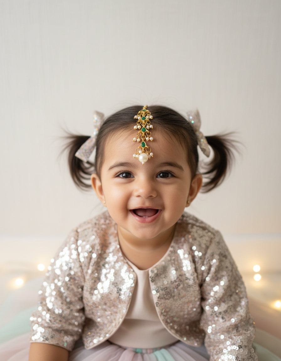 Choko Girls Green Floral Emerald Stone Pearl Drop Maang Tikka