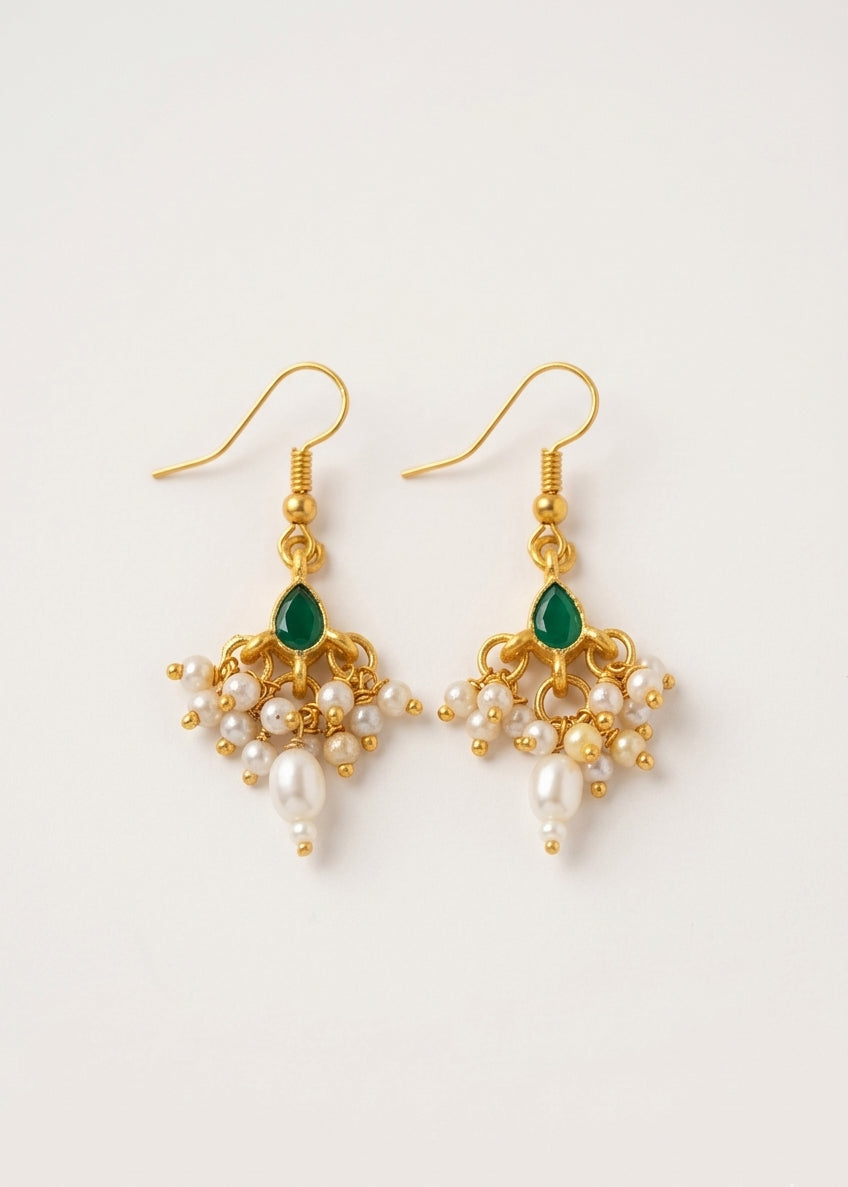 Choko Girls Ethnic Green Stone & Dangling Pearls Golden Earrings