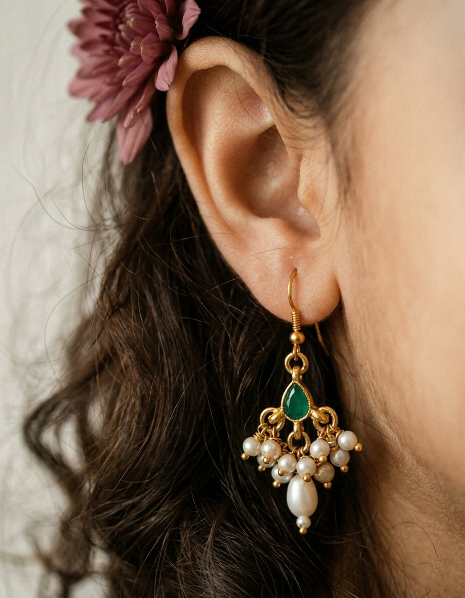 Choko Girls Ethnic Green Stone & Dangling Pearls Golden Earrings