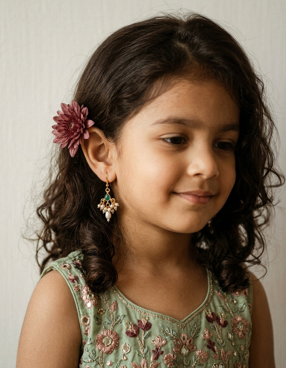 Choko Girls Ethnic Green Stone & Dangling Pearls Golden Earrings