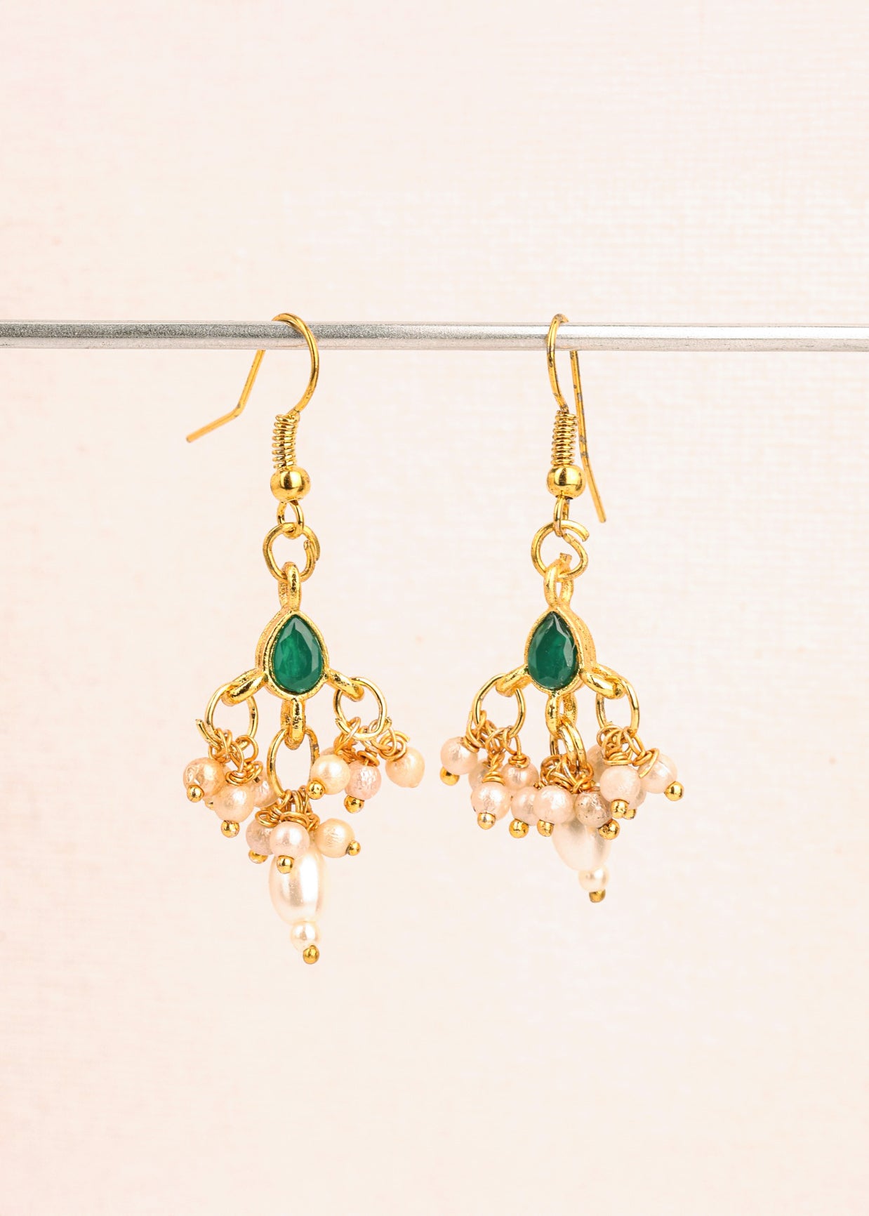 Choko Girls Ethnic Green Stone & Dangling Pearls Golden Earrings
