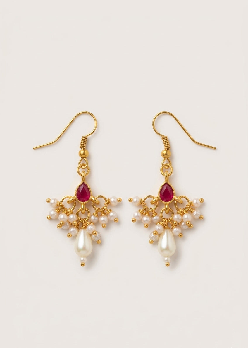 Choko Girls Red Chandelier Ruby Stone Pearl Drop Earrings