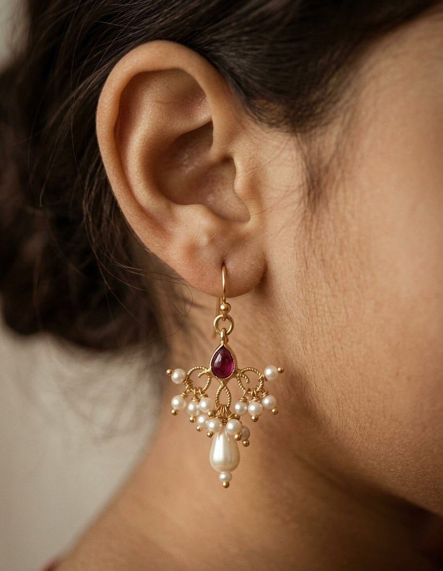 Choko Girls Red Chandelier Ruby Stone Pearl Drop Earrings