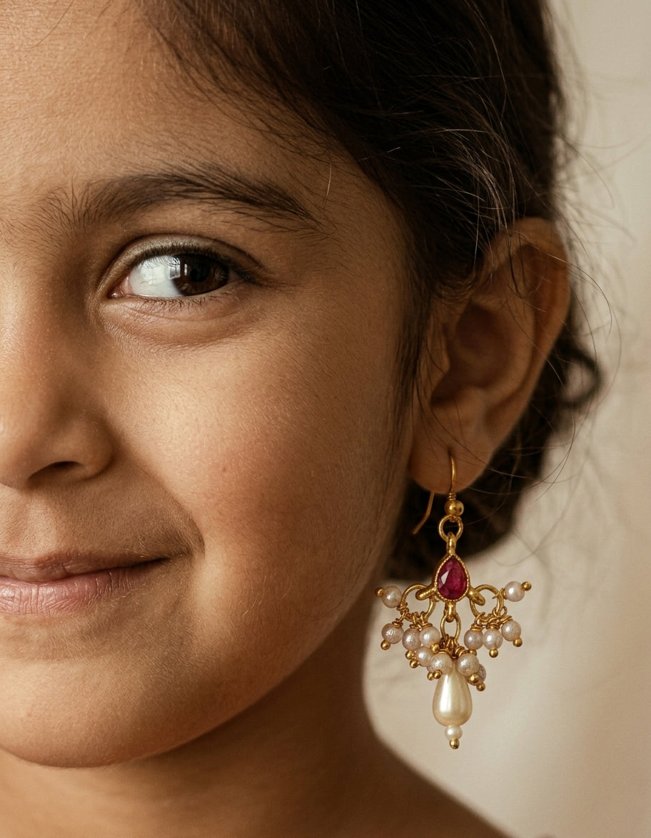Choko Girls Red Chandelier Ruby Stone Pearl Drop Earrings