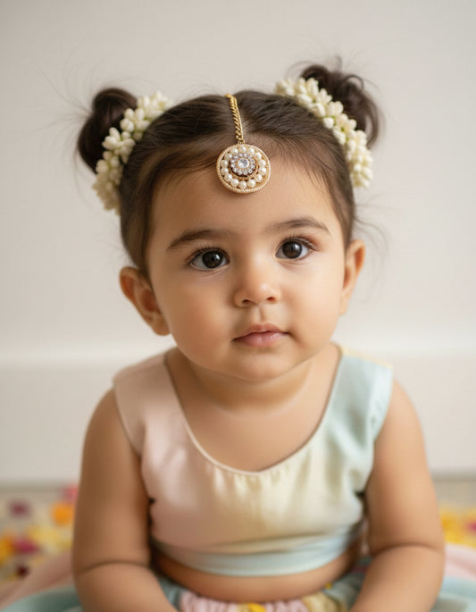 Choko Girls Set of 3 Gold Floral Circular Pearl Maang Tikka