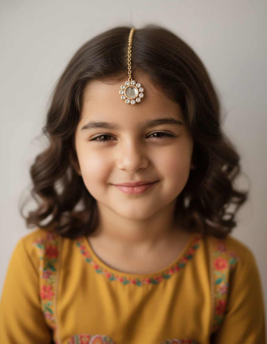 Choko Girls Set of 3 Gold Floral Circular Pearl Maang Tikka