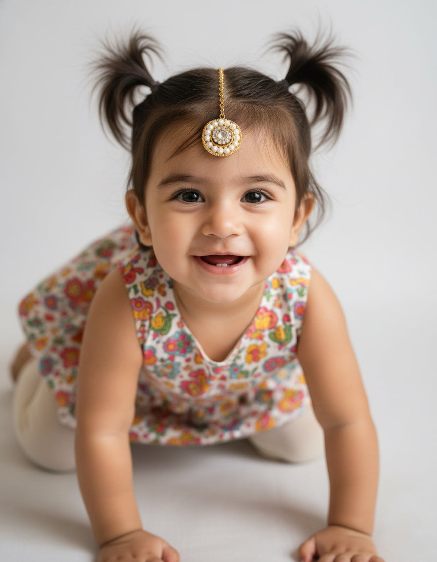 Choko Girls Set of 3 Gold Floral Circular Pearl Maang Tikka